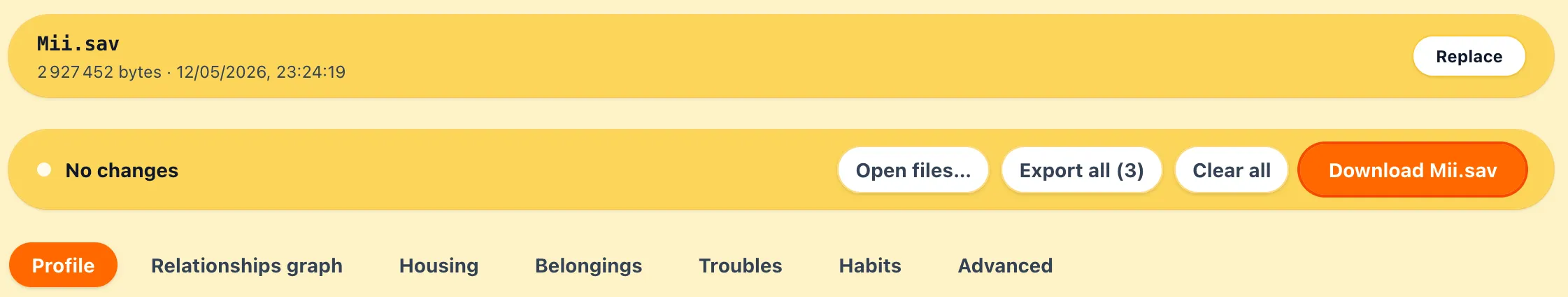 Mii tab with the sub-tab bar