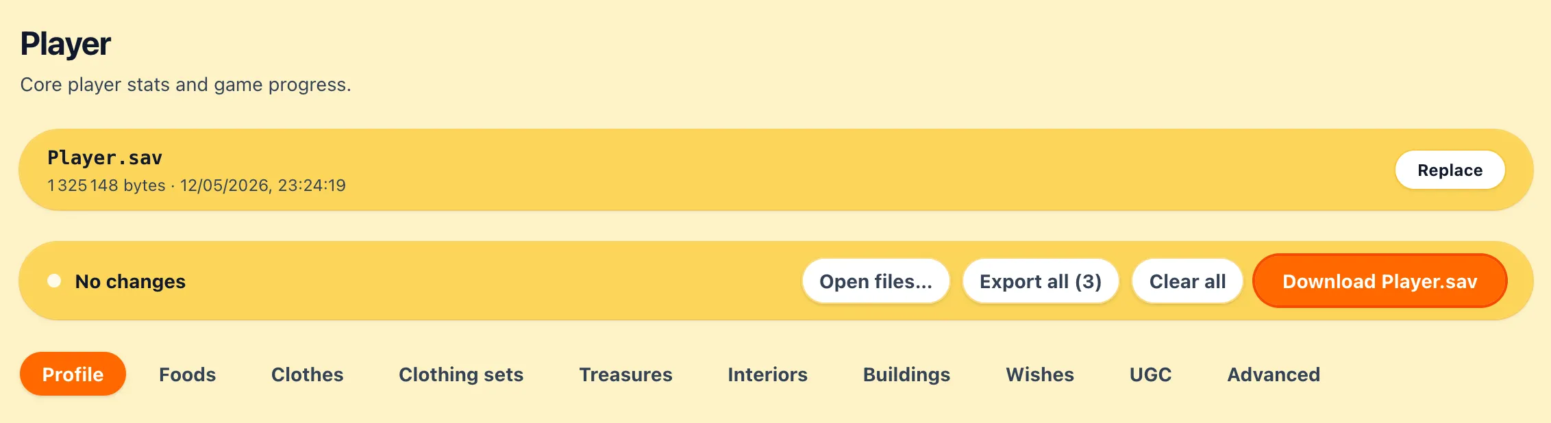 Player tab with the sub-tab bar
