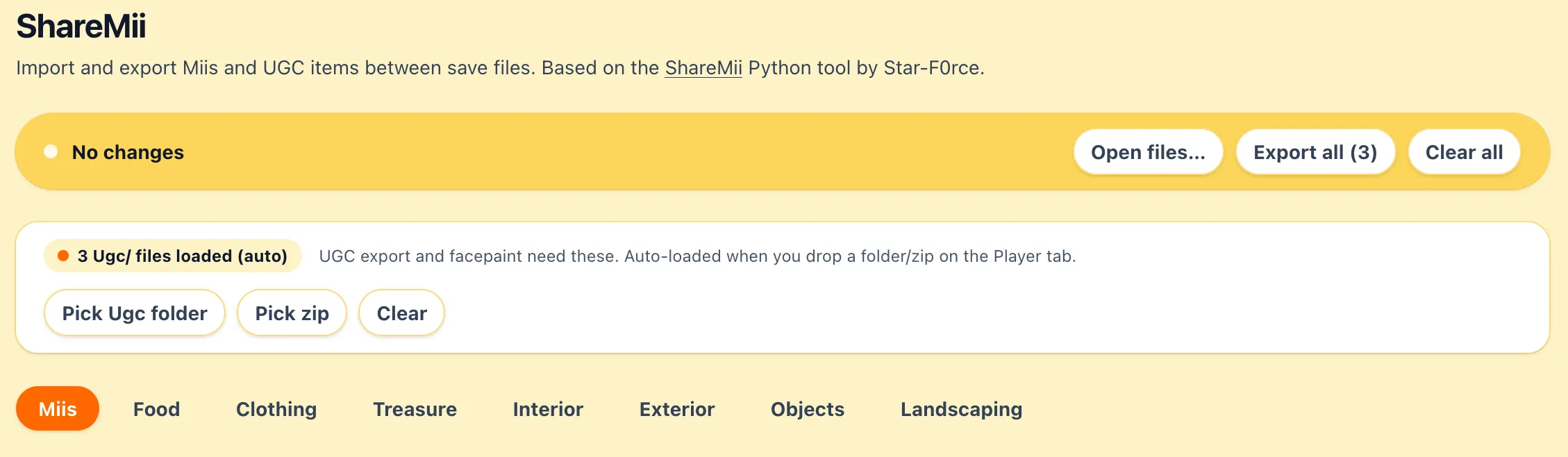 ShareMii tab with the kind selector and slot list