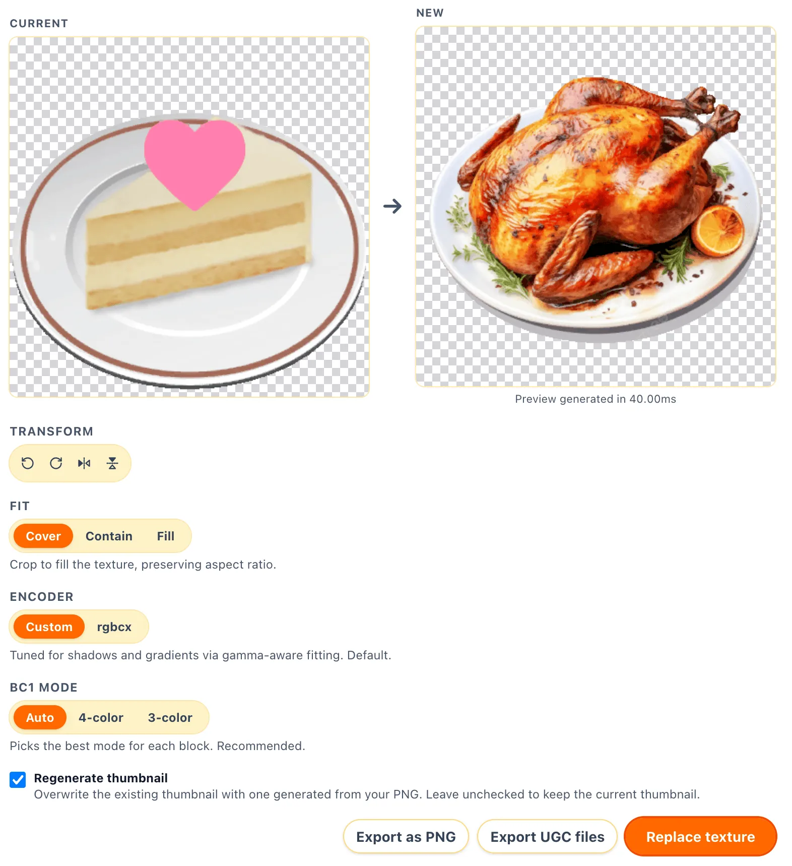Per-slot UGC editor with current and new previews